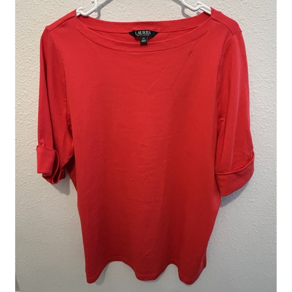 Lauren Ralph Lauren Women's 2X Red Knit Top 3/4 Sleeve Stretch Shirt Runs Small